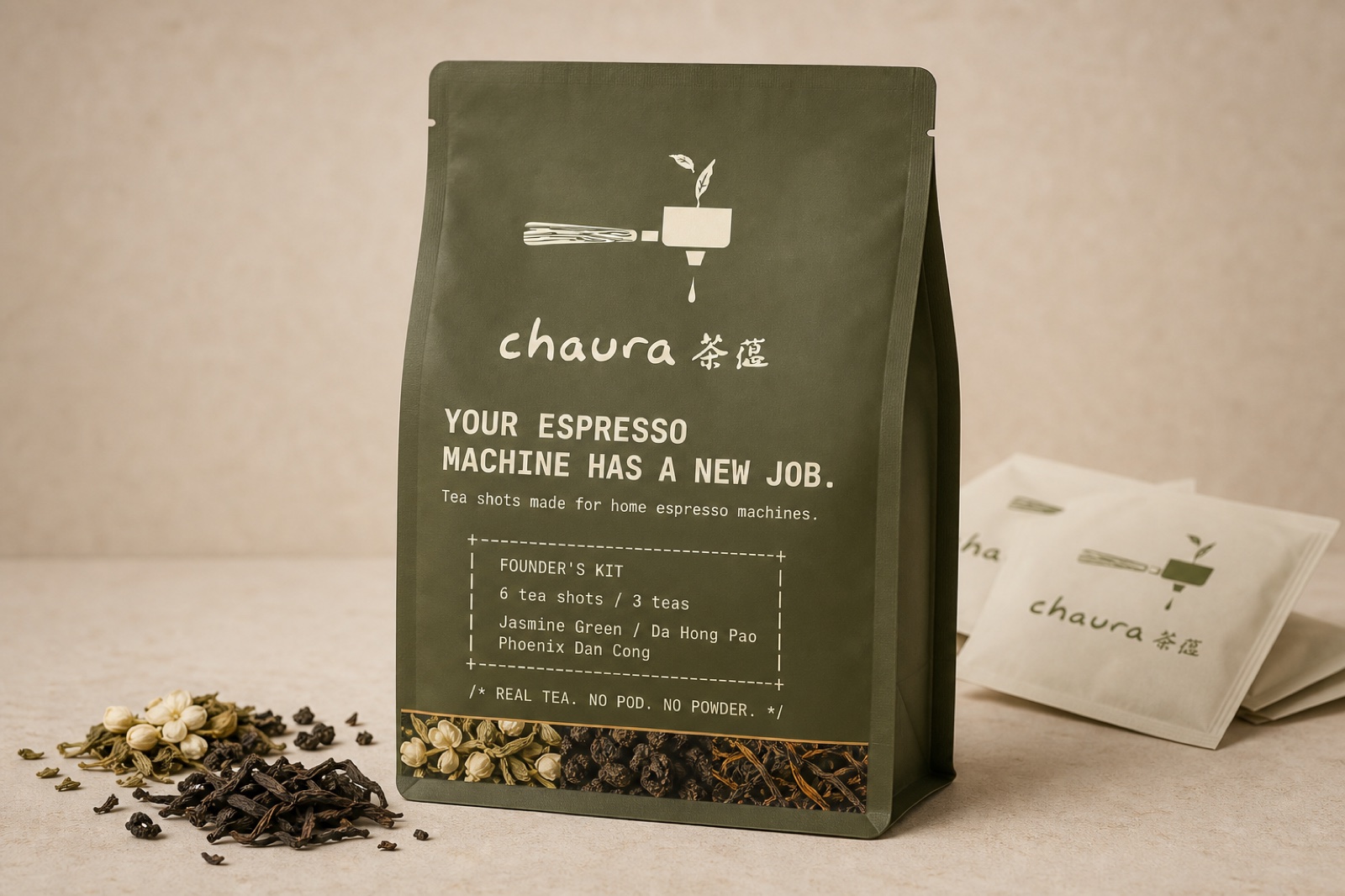 CHAURA Founder’s Kit pouch with individually wrapped jasmine green tea shots