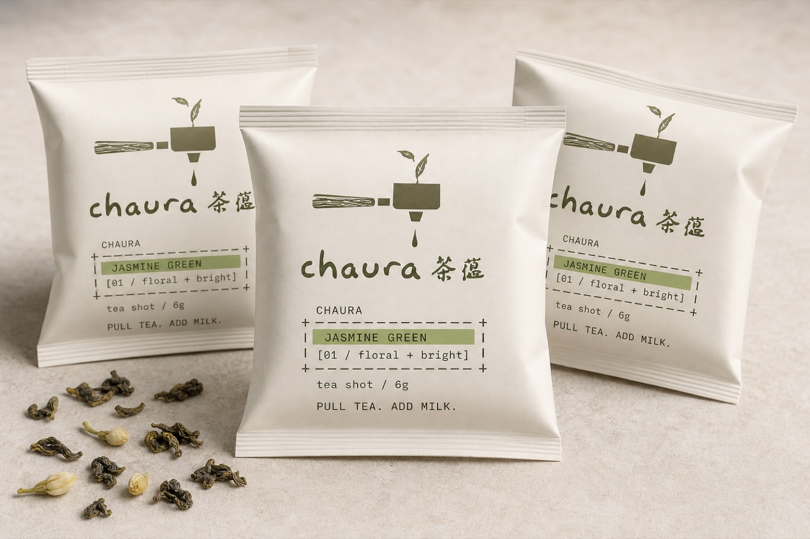 CHAURA individually portioned tea shots arranged beside loose jasmine tea